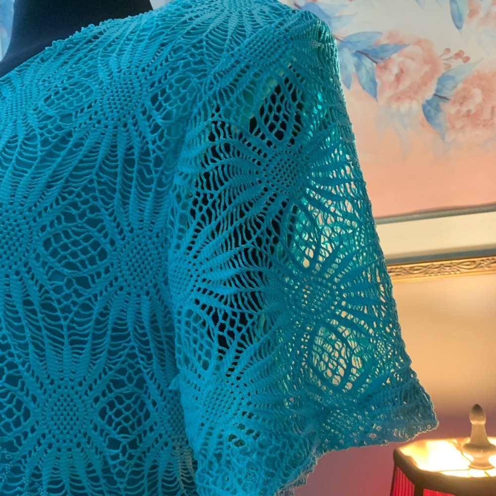 Nina Lee Turquoise 2 Piece Lace Overlay Beaded Floral Top with Long Sheer Skirt
